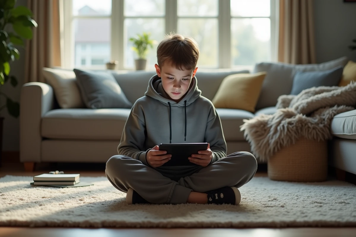 Adolescent concentré sur une tablette lors d’un cours en ligne à la maison