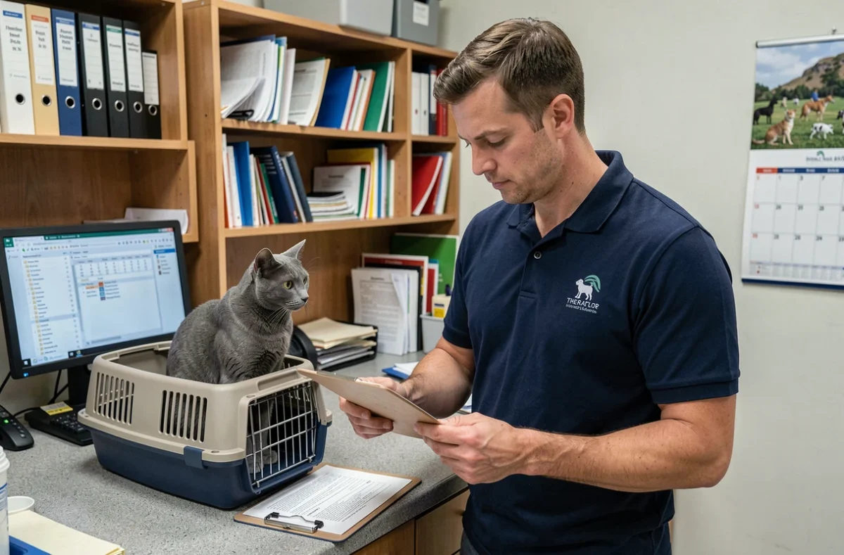 Un agent de la SPA consultant un formulaire d'admission pour un chat gris dans une zone administrative de refuge animalier