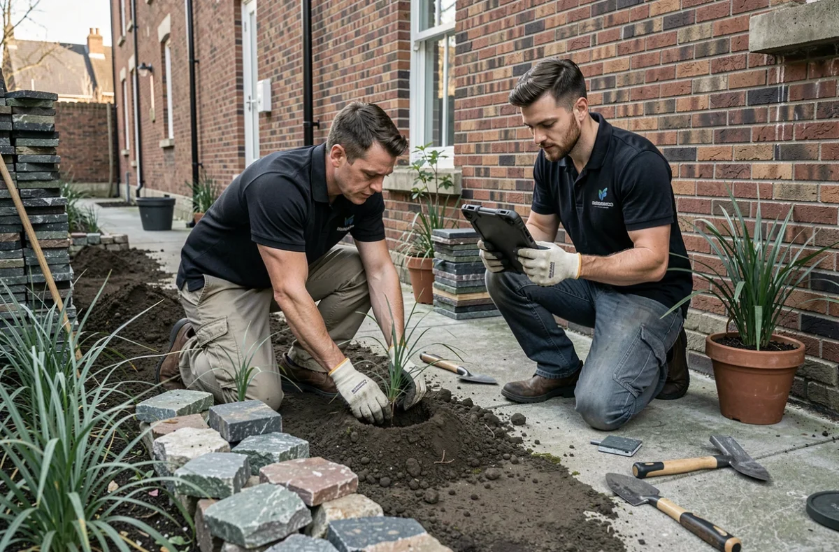 Deux jardiniers professionnels en train d'aménager un jardin urbain avec bordures en pierre et graminées ornementales