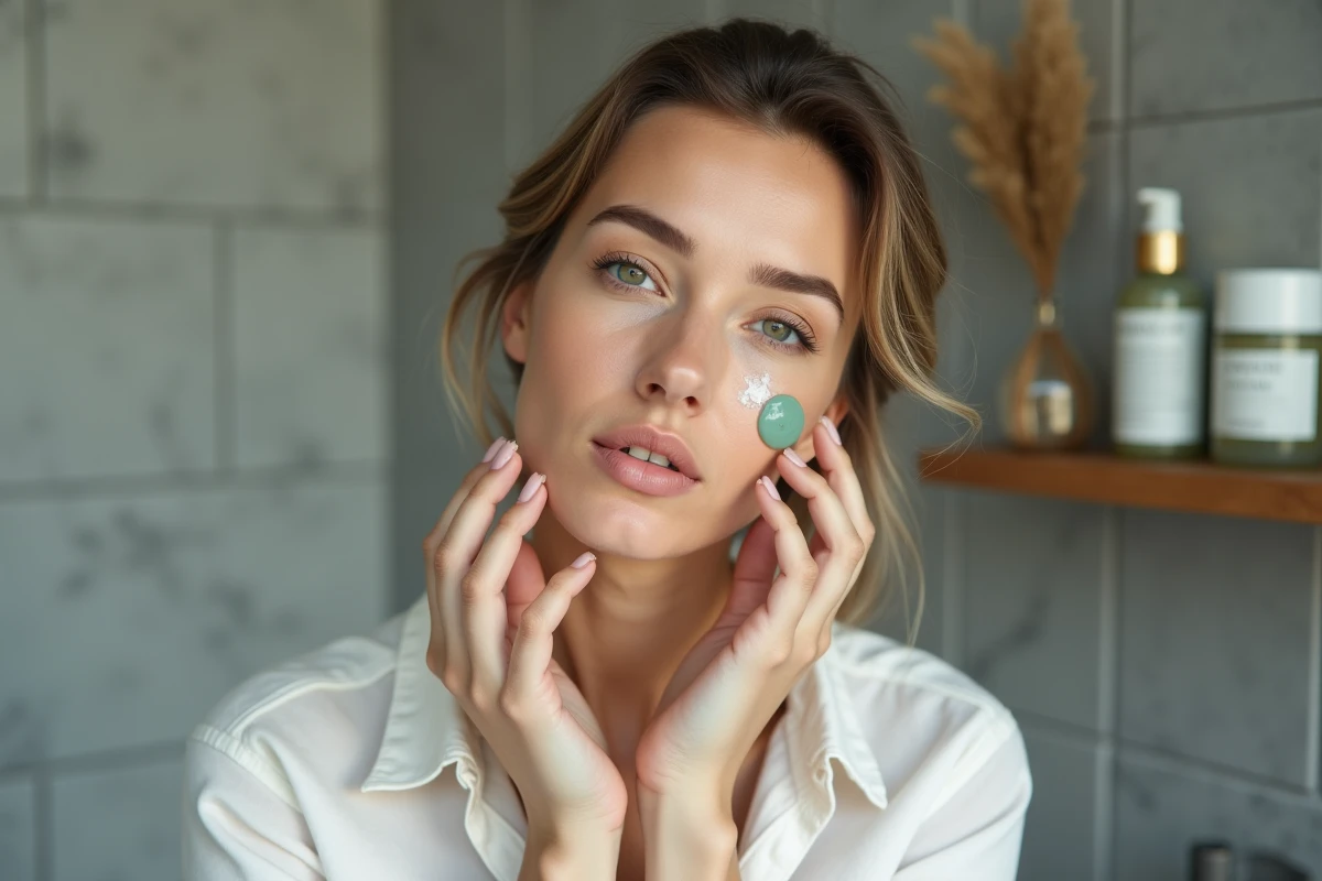 Femme appliquant un concentré d'argile sur son visage dans une salle de bain minimaliste au style scandinave