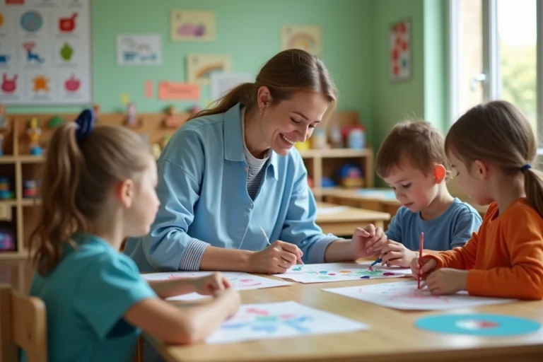 ATSEM aidant des enfants dans une salle de classe maternelle française lors d'une activité artistique