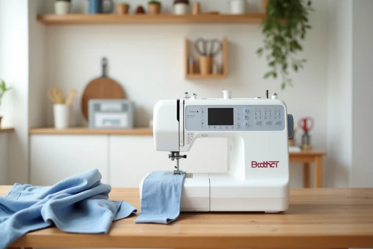 Machine à coudre Brother Innov-is 15 posée sur une table en bois dans un atelier de couture, vue de trois quarts avec tissu bleu et accessoires en arrière-plan