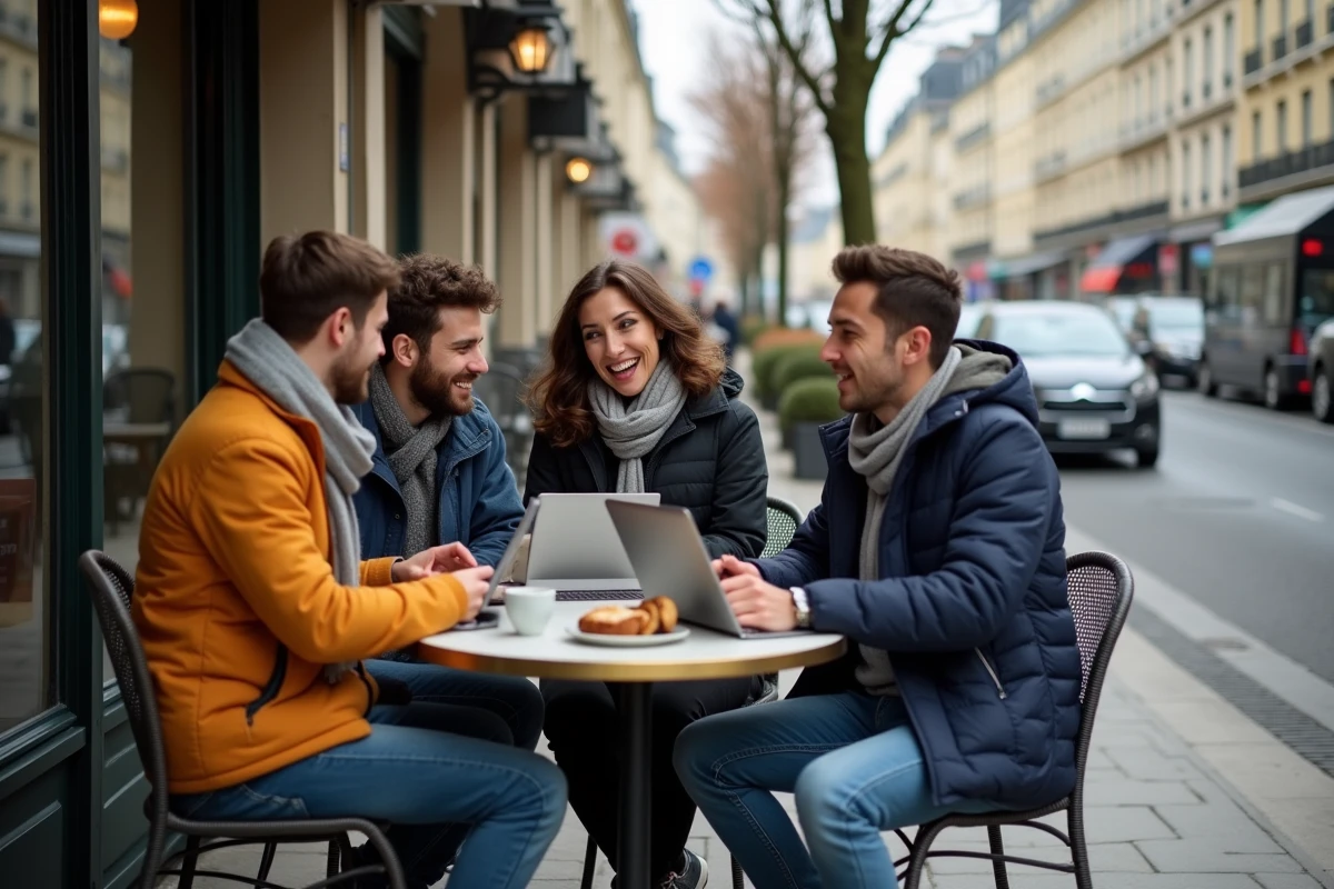 Jeunes professionnels discutant au cafe terrasse parisien