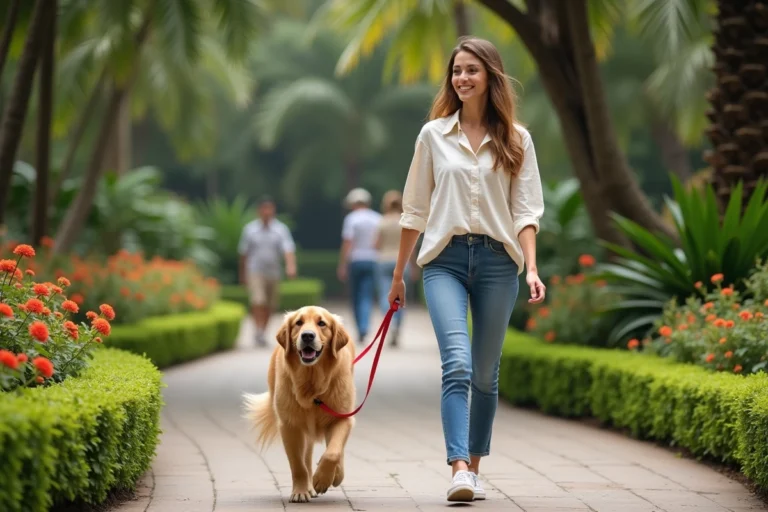 Femme promenant son golden retriever en laisse sur un sentier du parc Terra Botanica parmi des plantes exotiques