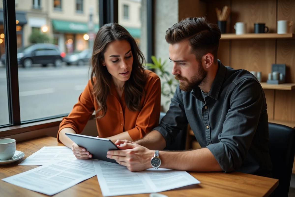 Deux professionnels collaborant sur une stratégie de visibilité digitale pour leur entreprise autour d'une tablette et de documents dans un café urbain