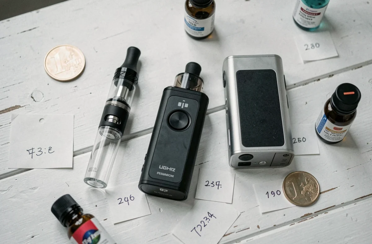 Comparaison de plusieurs cigarettes électroniques avec étiquettes de prix en euros sur une table blanche, illustrant l'évolution des tarifs en France