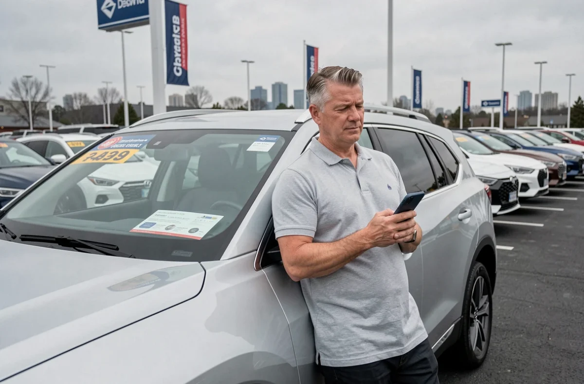 Homme comparant des promotions automobiles sur smartphone dans un parking de concessionnaire
