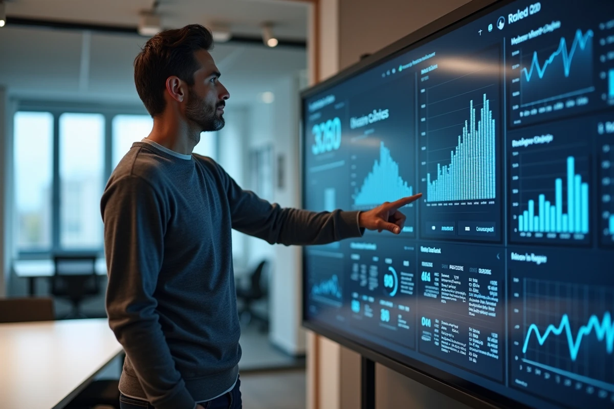 Consultant en marketing digital présentant des résultats de campagne digitale et des graphiques SEO sur un écran tactile dans une salle de réunion moderne