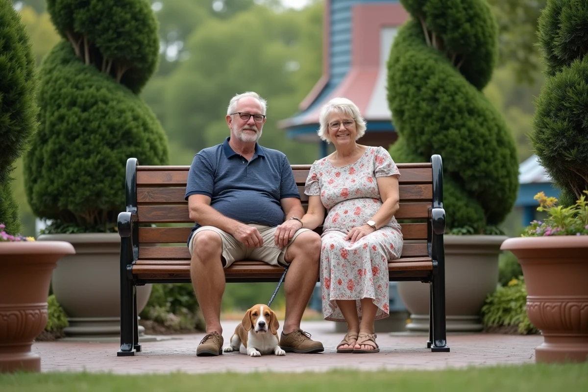 Couple avec leur beagle en laisse assis sur un banc dans le parc botanique Terra Botanica