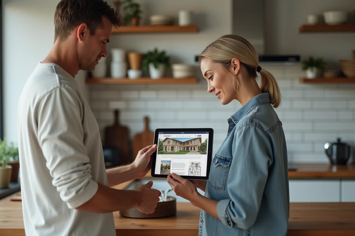 Couple consultant des annonces immobilières en ligne sur une tablette dans leur cuisine moderne