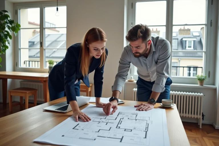 Couple de professionnels étudiant des plans architecturaux dans un appartement parisien moderne aux parquets en chevrons