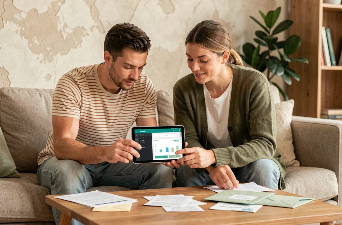 Couple planifiant ensemble ses économies et ses objectifs financiers sur une tablette dans un salon confortable, stratégie de finances personnelles en couple
