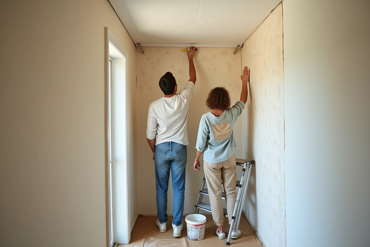 Couple posant du papier peint dans un couloir pendant des travaux de rénovation intérieure