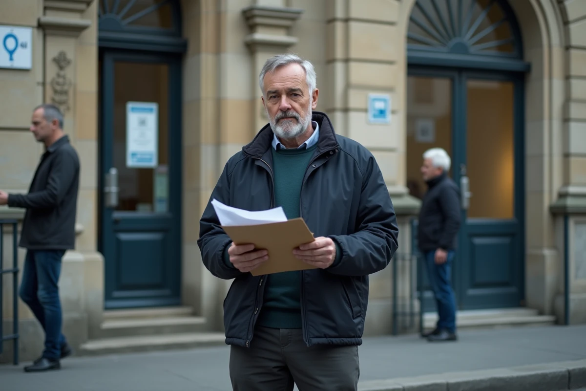 Homme devant un bâtiment administratif tenant un dossier pour démarches de rachat de rente accident de travail