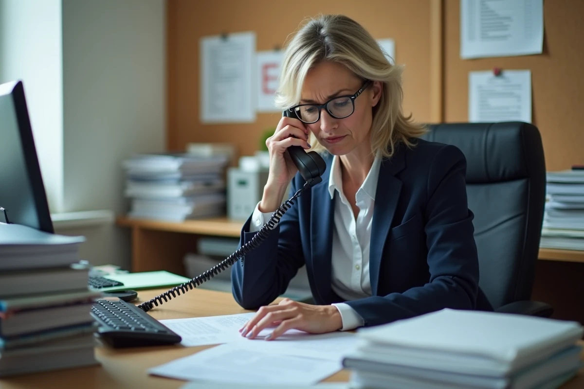 Directrice d'école passant un appel urgent pour organiser le remplacement d'une ATSEM absente