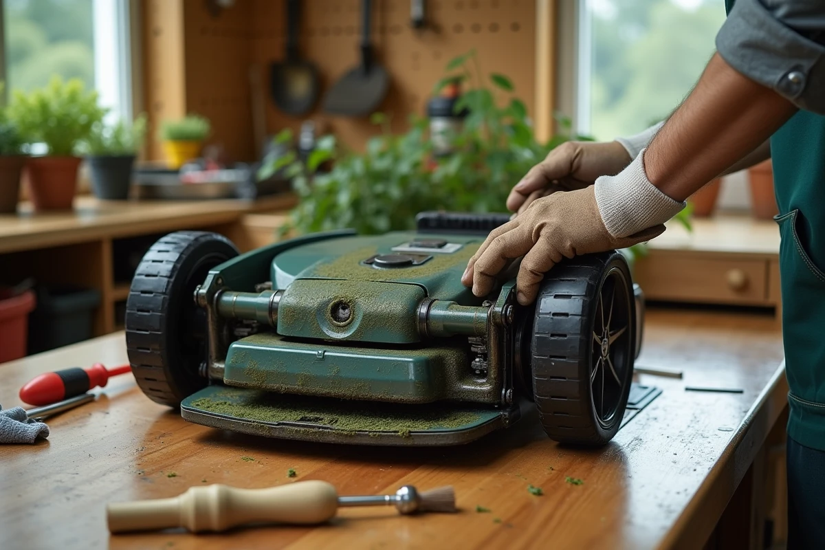 Entretien et nettoyage du dessous d'une tondeuse robot Parkside sur un établi de jardin