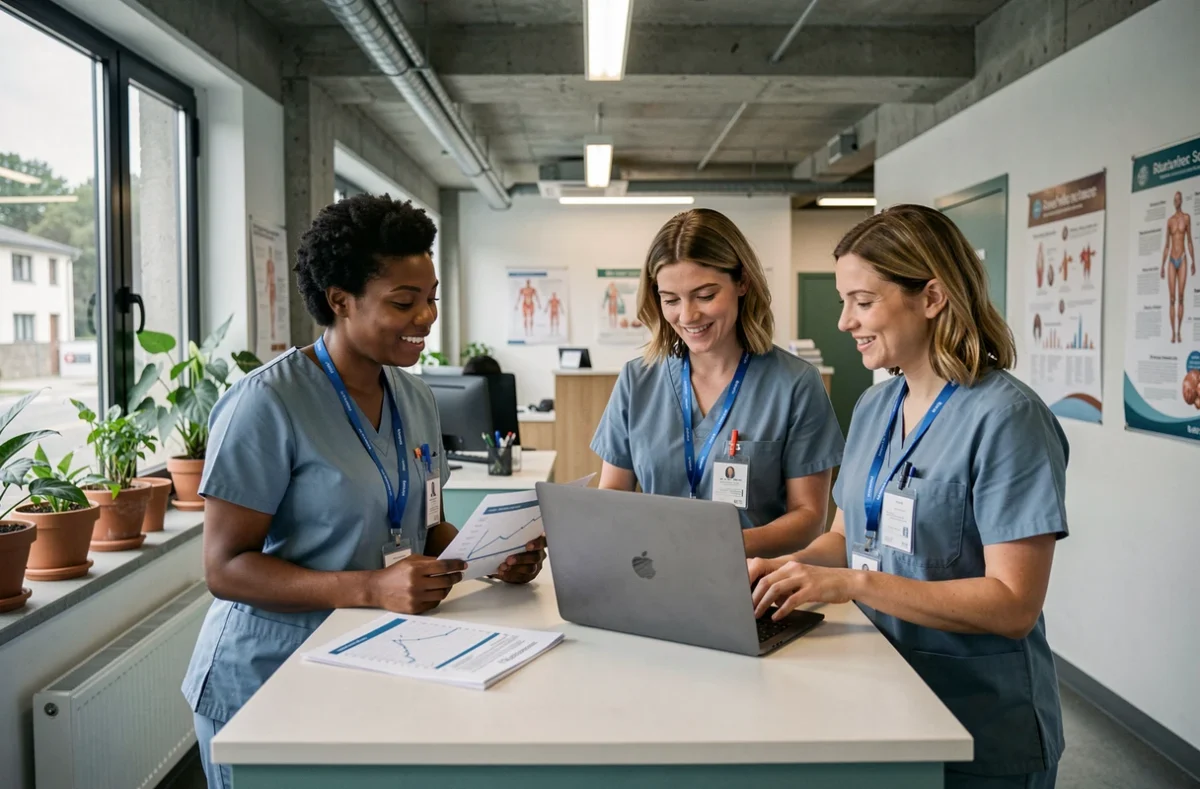Équipe pluridisciplinaire d'infirmiers collaborant autour d'un bureau dans un centre de santé français contemporain