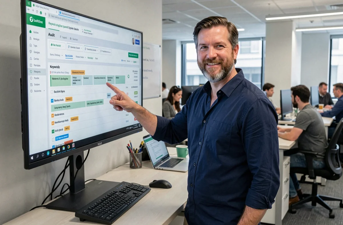 Expert en référencement naturel analysant un tableau de bord d'audit SEO sur grand écran dans un open space professionnel
