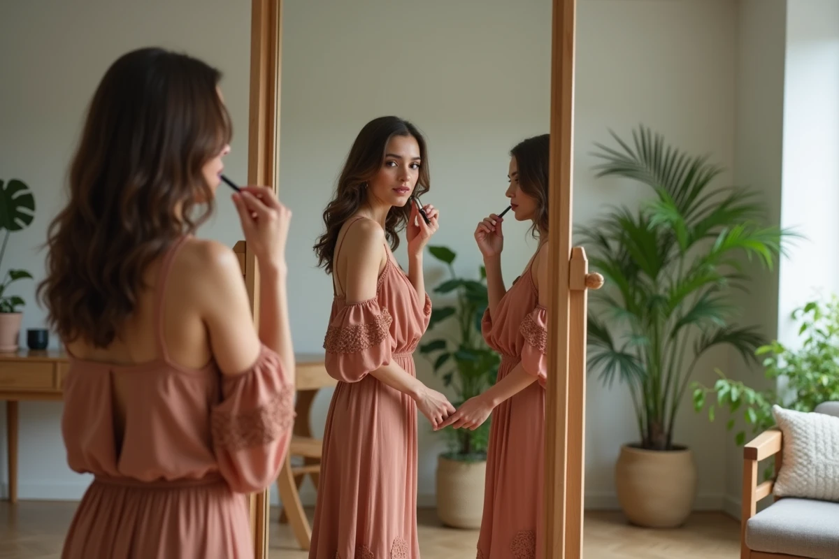 Femme confiante appliquant du rouge à lèvres devant un miroir