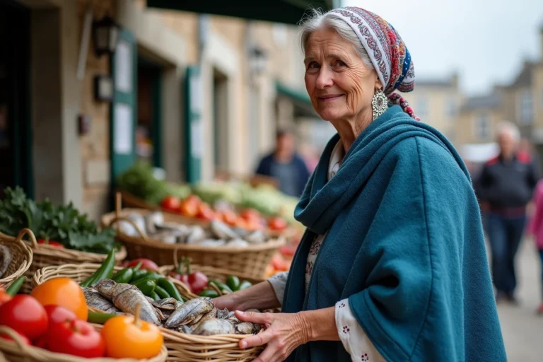 Femme bretonne en costume traditionnel au marché côtier