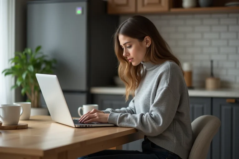 Femme assise à une table de cuisine avec ordinateur portable