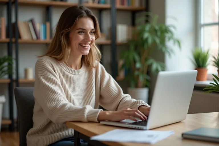 Femme souriante travaillant sur son ordinateur dans un bureau moderne