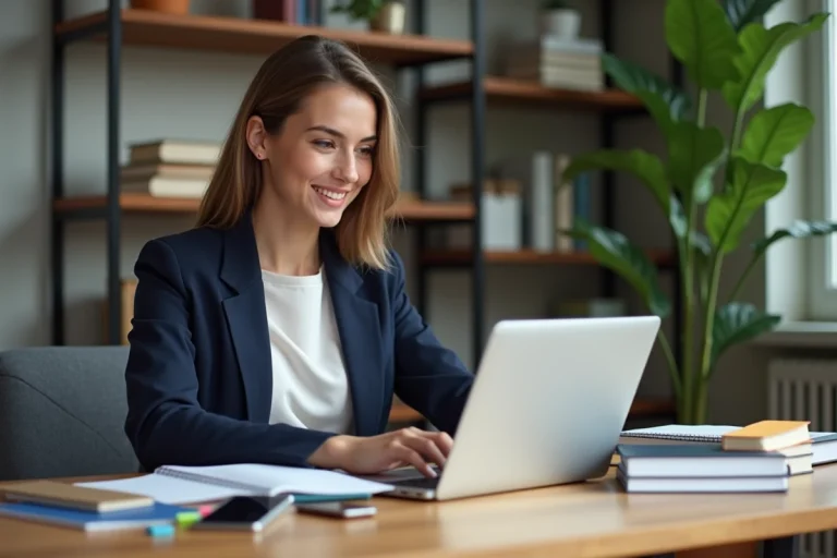 Jeune femme en bureau moderne travaillant sur son ordinateur
