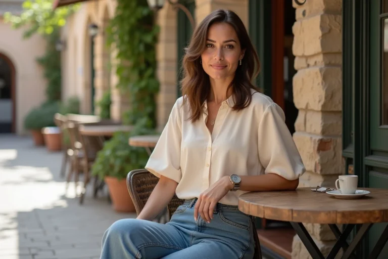 Femme méditerranéenne souriante dans un café européen