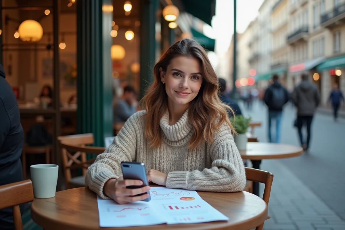 Femme assise au café avec statistiques et smartphone