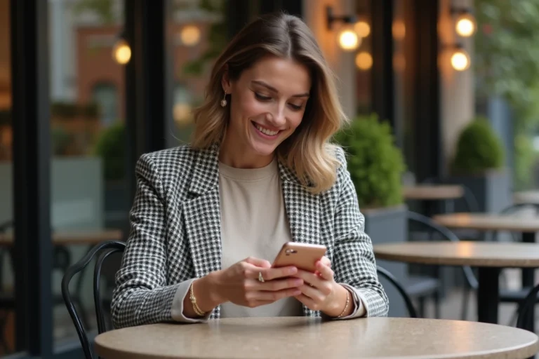 Femme élégante dans un café urbain en terrasse