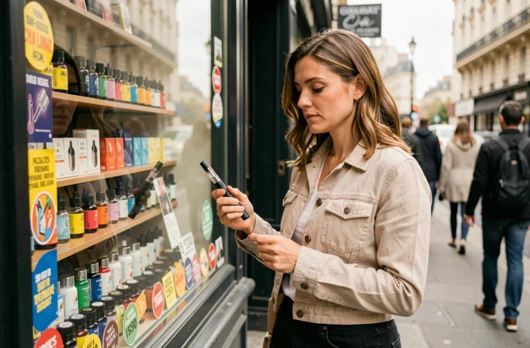 Femme tenant une cigarette électronique devant une boutique de vape à Paris en 2022, consultant les prix des kits rechargeables