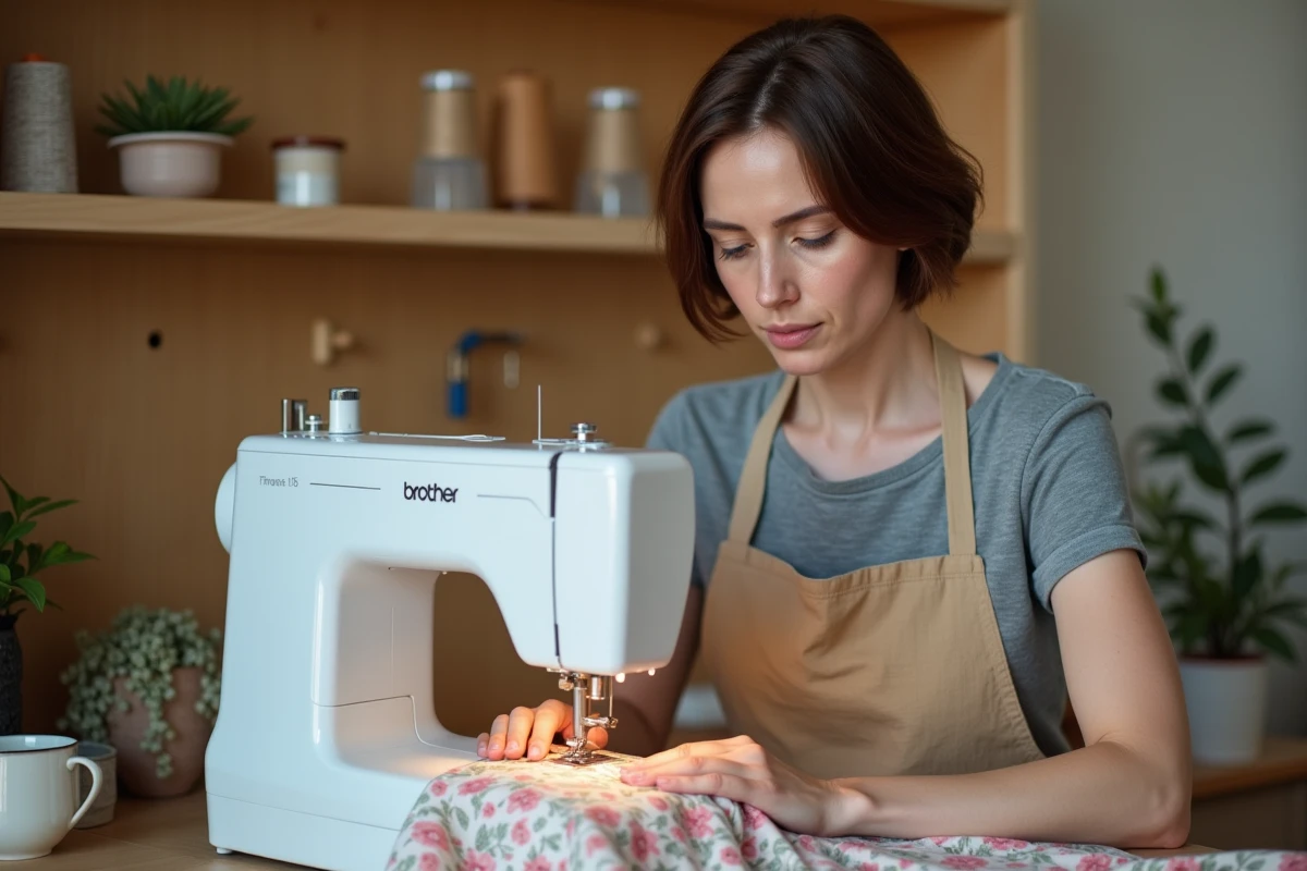Femme utilisant la machine à coudre Brother Innov-is 15 pour coudre un tissu fleuri dans un espace de travail personnel et chaleureux