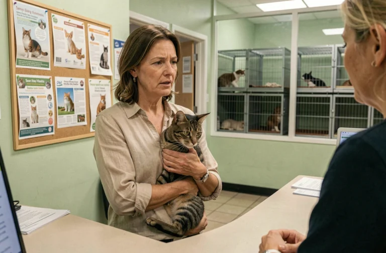 Une femme d'âge mûr tenant un chat tigré dans ses bras face à un employé de la SPA à l'accueil d'un refuge animalier