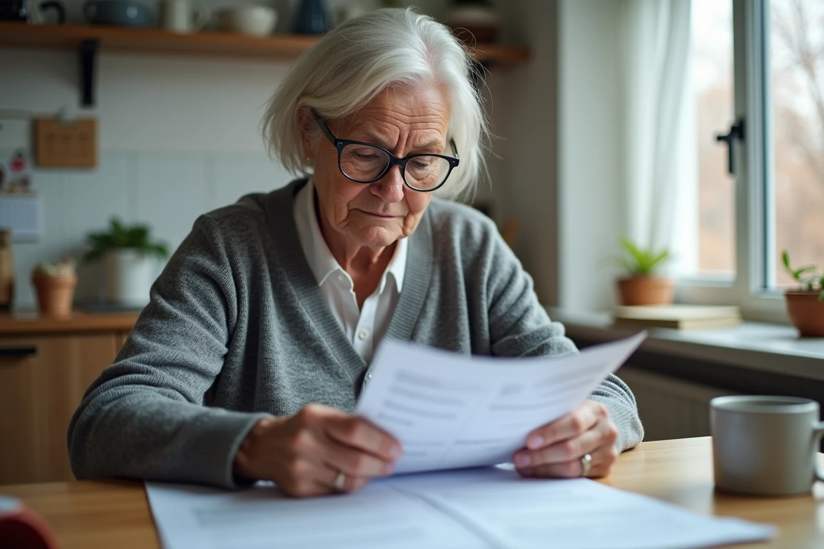Femme lisant des documents administratifs sur la rente accident de travail à domicile