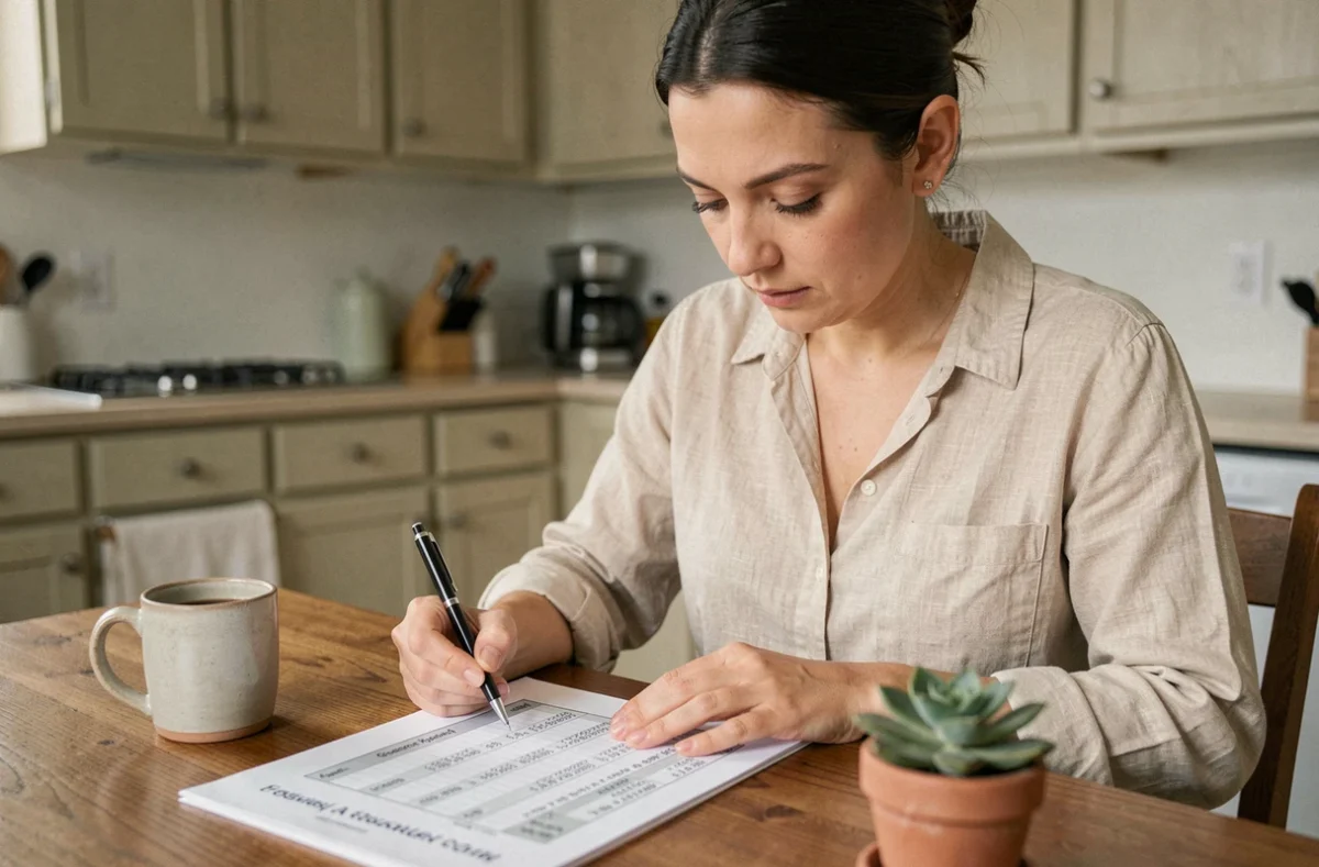 Femme consultant son budget mensuel avec un stylo à la main à une table de cuisine en bois, illustrant la gestion des finances personnelles au quotidien