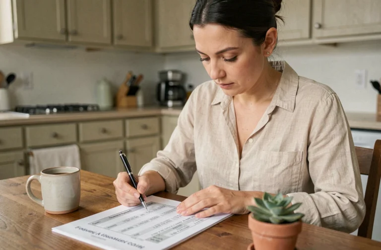 Femme consultant son budget mensuel avec un stylo à la main à une table de cuisine en bois, illustrant la gestion des finances personnelles au quotidien