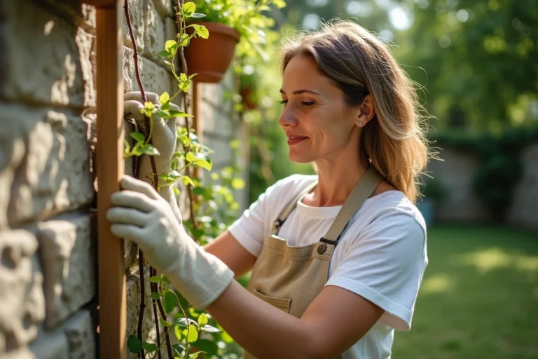 Femme guidant les tiges d'un jasmin étoilé sur un treillis en bois contre un mur en pierre dans un jardin français