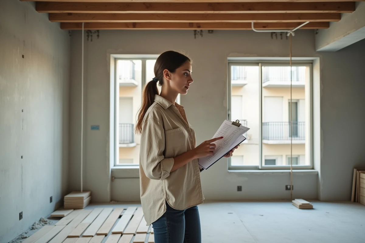 Jeune femme inspectant un appartement en cours de rénovation à Lyon avec une planchette de contrôle et des matériaux de construction visibles