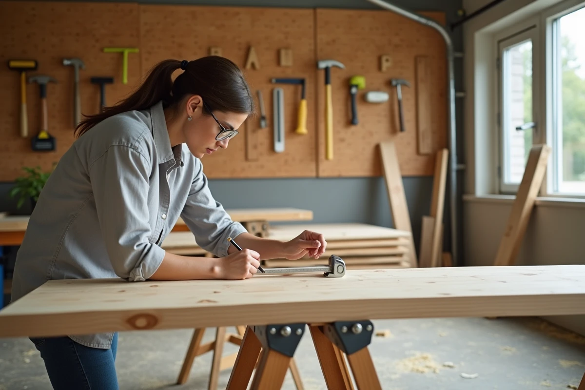Femme mesurant une planche en bois dans un atelier lors d'un projet de rénovation intérieure DIY