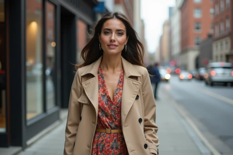 Femme élégante en trench beige dans la ville