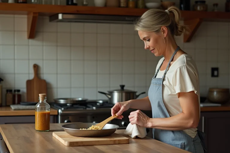 Femme nettoyant un socca en métal dans la cuisine