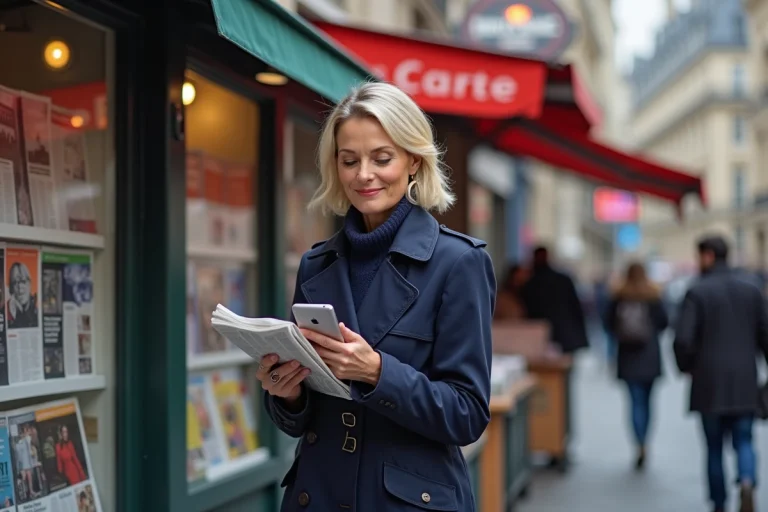 Femme parisienne en trench-coat navy lisant journal et smartphone