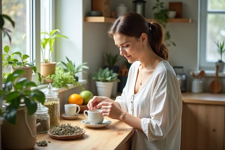 Femme préparant une tisane aux plantes dans la cuisine lumineuse
