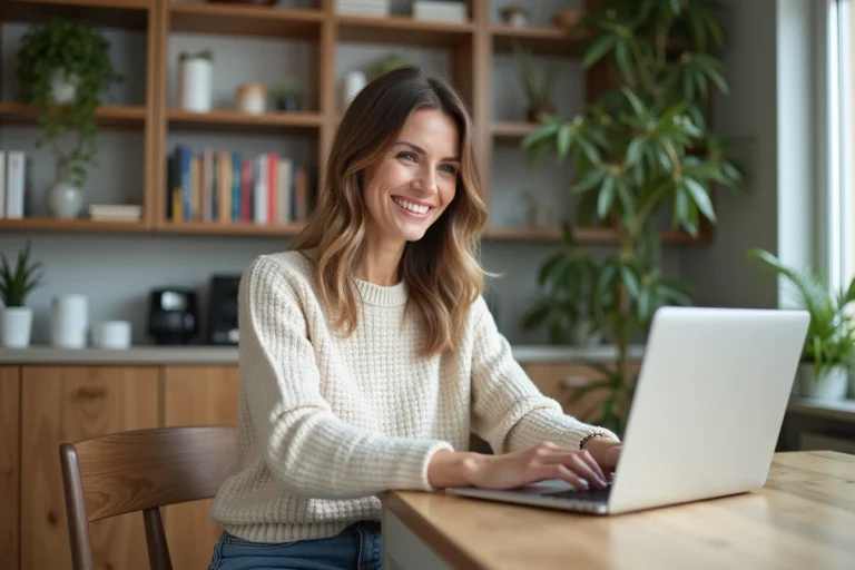 Femme souriante travaillant sur un laptop dans un appartement moderne