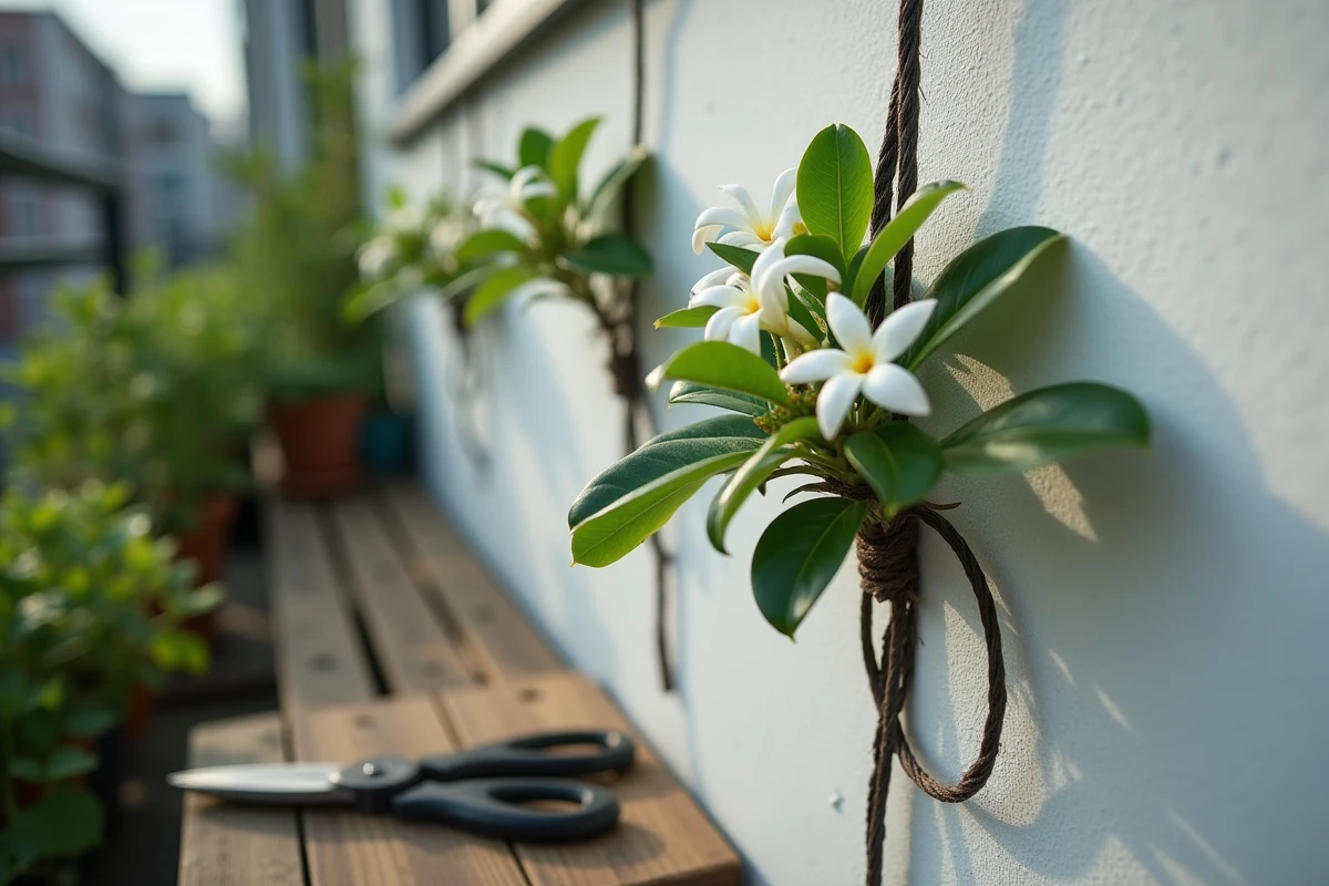 Gros plan sur les tiges et fleurs étoilées d'un jasmin étoilé attachées à un support métallique sur un mur blanc de balcon urbain