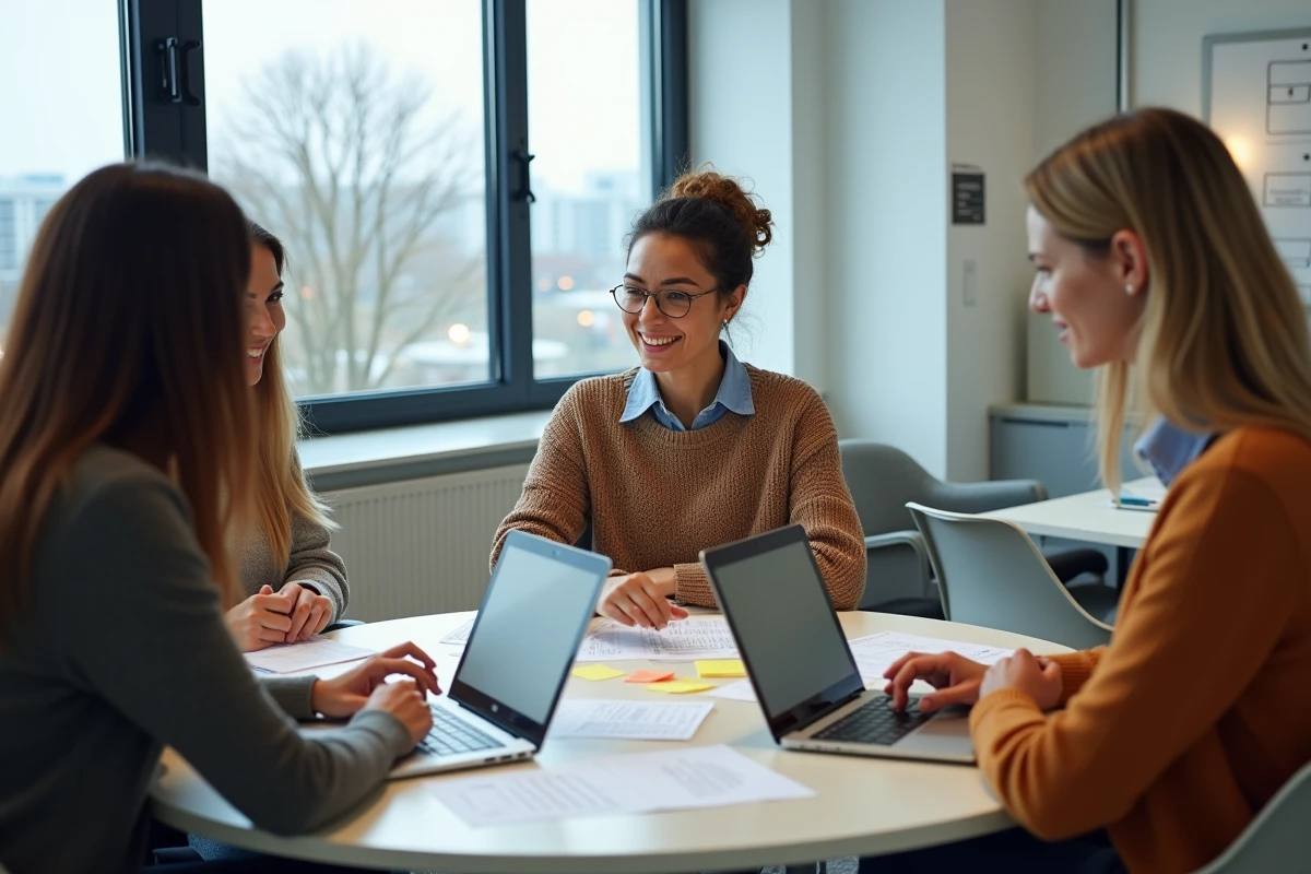 Groupe de professionnels du secteur social et médico-social en session de formation partageant des ressources professionnelles autour d'une table