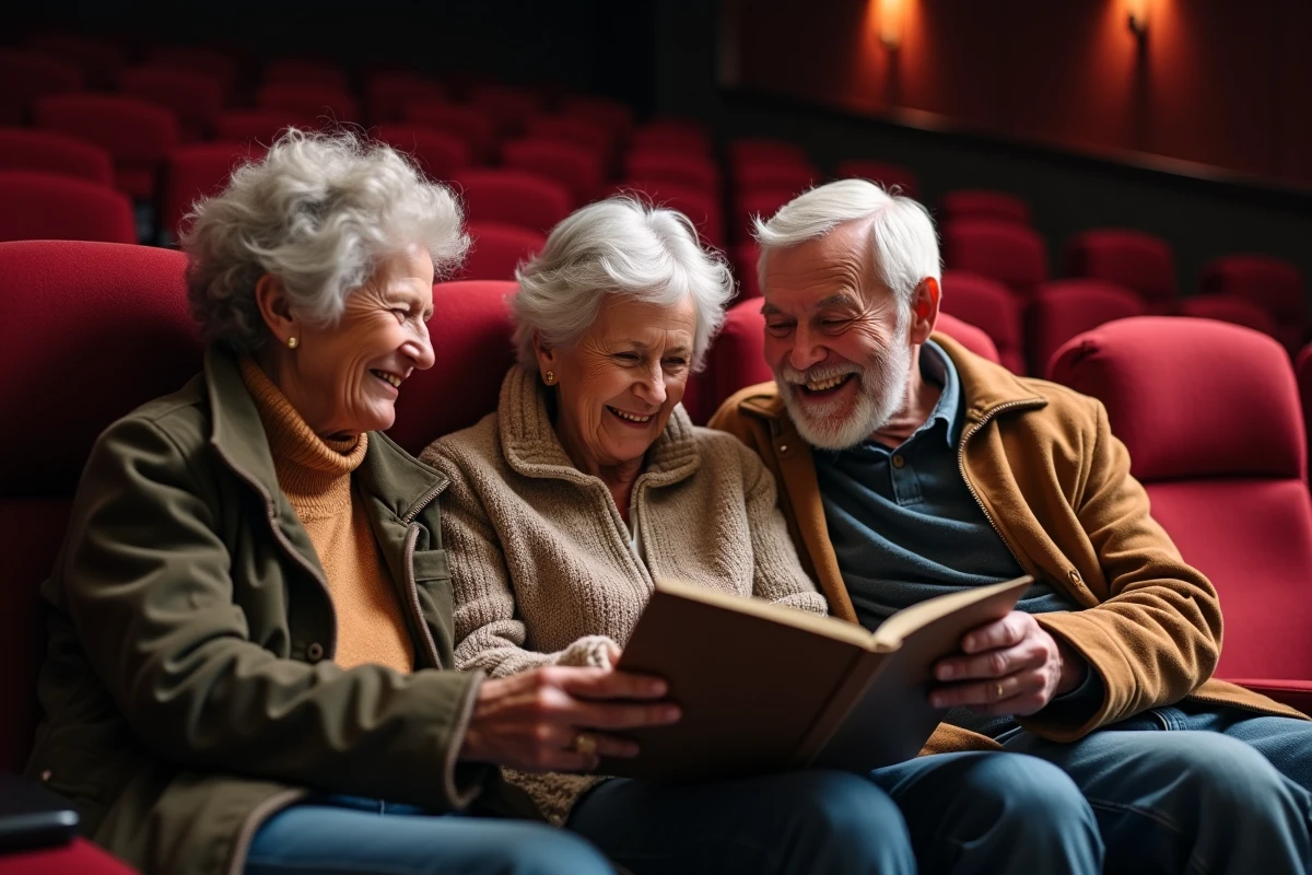 Groupe de seniors riant dans une salle de cinéma