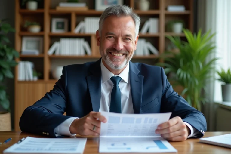 Homme d'affaires en costume organisant ses documents financiers