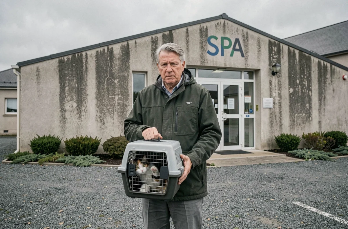 Un homme âgé tenant un panier de transport avec un chat à l'entrée d'un refuge SPA, hésitant avant de confier son animal