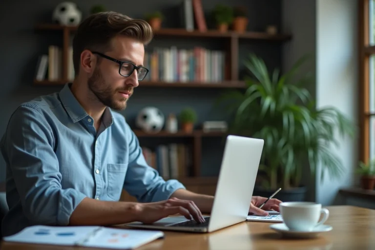 Homme concentré analysant un match de football sur son ordinateur
